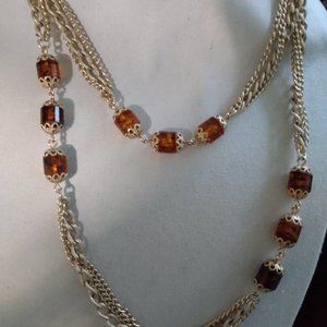 Vintage Sara Coventry Gold tone Long Necklace with brown beads 25in